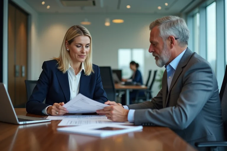 Réunion professionnelle entre une cheffe d'entreprise et un conseiller de la CCI dans un bureau moderne