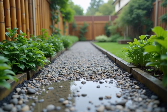 Revêtement perméable en gravier drainant installé dans un jardin écologique avec plantes couvre-sol entre les pierres