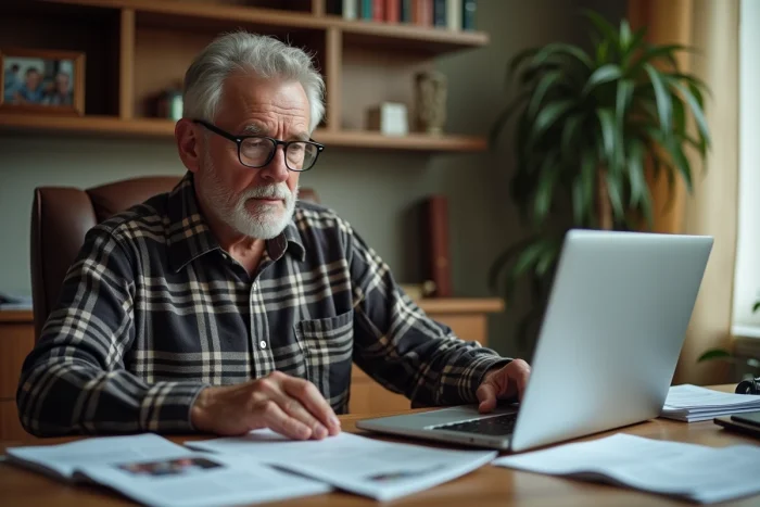 Un senior recherche des informations sur les aides financières ADMR et les réductions de dépenses à domicile sur son ordinateur