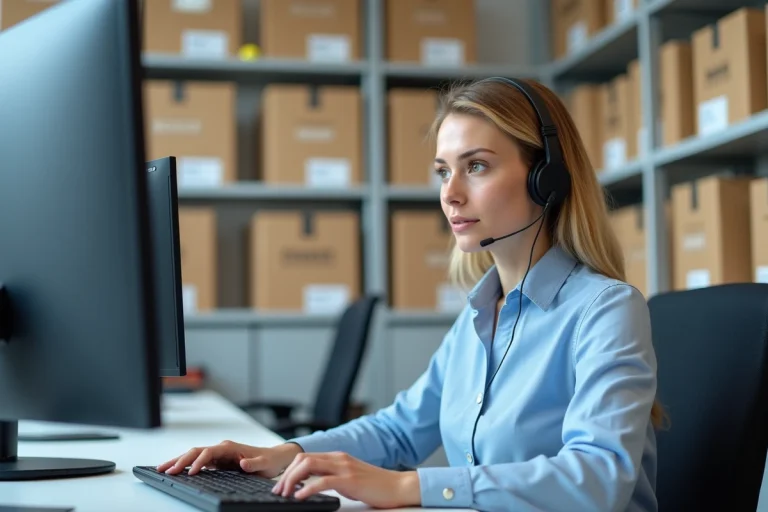 Employée du service client d'une société de transfert de colis analysant un système de suivi de livraison sur ordinateur dans un bureau logistique moderne