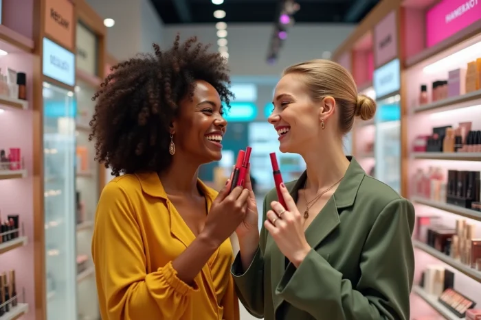 Deux femmes comparant des teintes de rouge à lèvres dans un magasin de cosmétiques aux rayons colorés