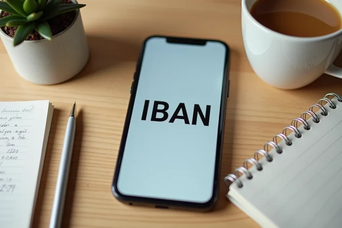 Smartphone affichant un IBAN FR76 sur une application bancaire mobile posé sur un bureau en bois
