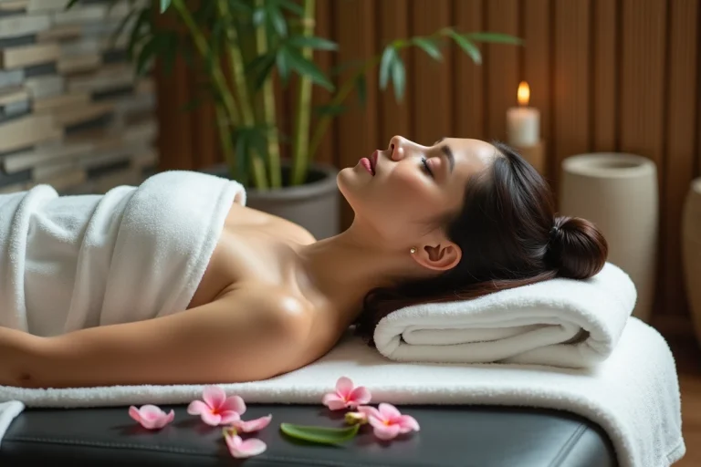Femme allongée sur une table de massage dans un spa zen avec pétales de fleurs et décor en pierre naturelle