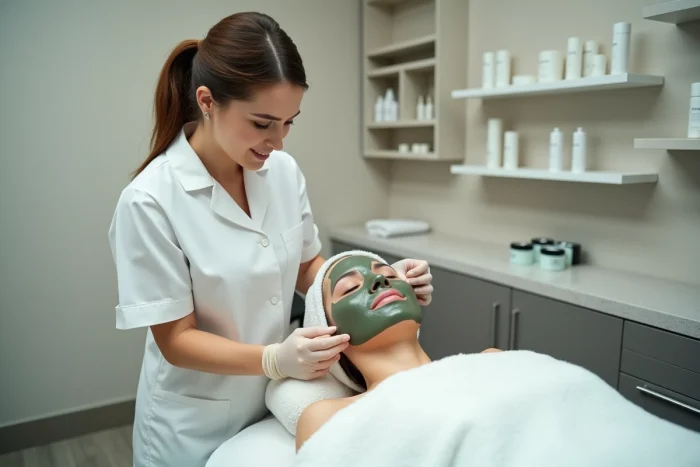 Esthéticienne appliquant un masque à l'argile sur le visage d'une cliente dans une cabine de soin professionnelle
