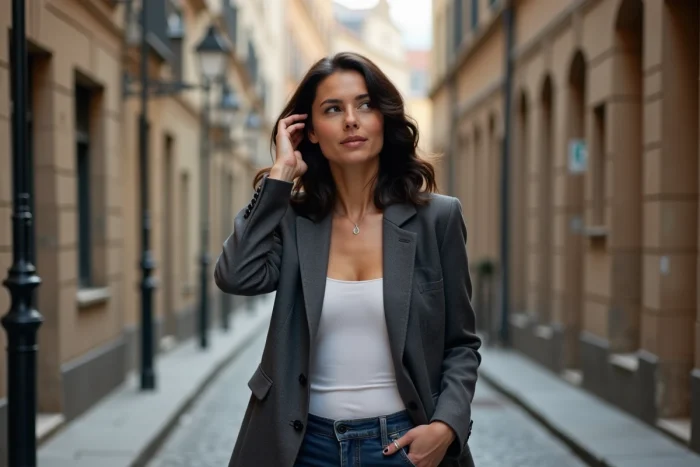 Femme marchant dans une rue pavée européenne, portrait éditorial urbain illustrant le quotidien et la personnalité de Sophie Coste