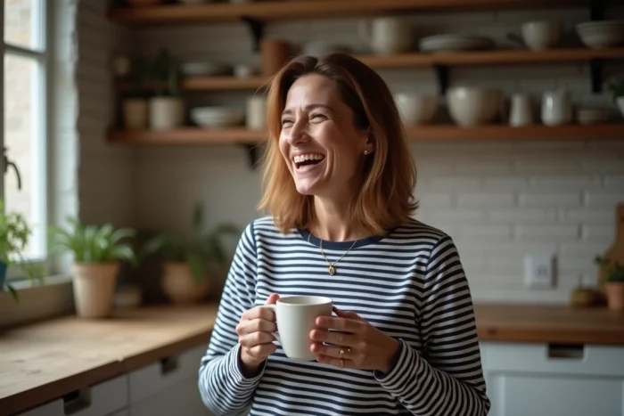 Femme souriante dans une cuisine familiale tenant un café, ambiance chaleureuse illustrant la vie de famille et vie privée