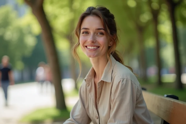 Femme élégante assise dans un parc urbain, portrait éditorial en plein air illustrant la vie privée de Sophie Coste