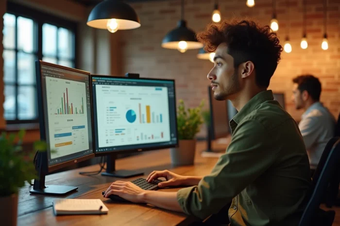 Spécialiste en stratégie digitale travaillant sur des graphiques SEO et un calendrier de contenu réseaux sociaux dans un espace de coworking