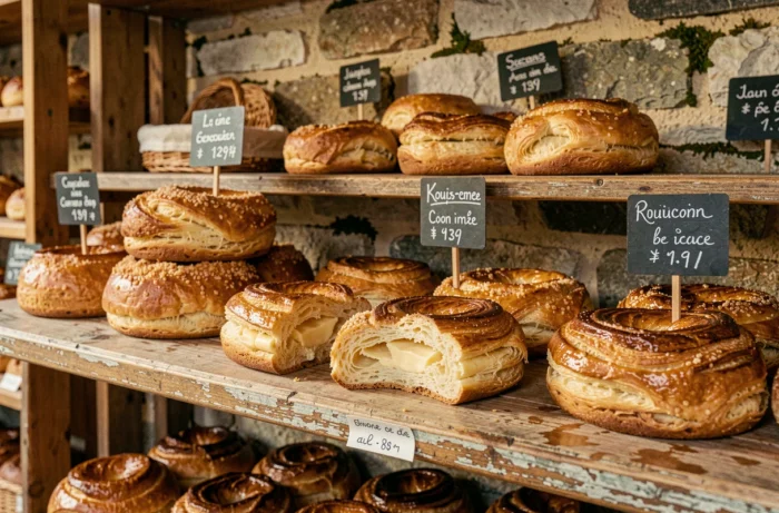Étalage de kouign-amann traditionnels bretons dans une boulangerie artisanale rustique avec tablettes en bois ancien
