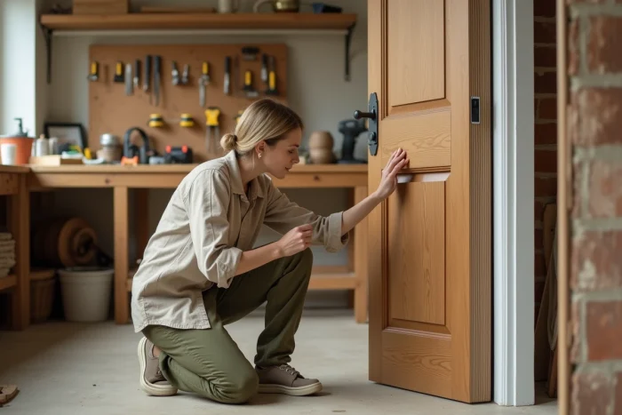 Woman examining the honeycomb internal structure of a hollow door before fixing