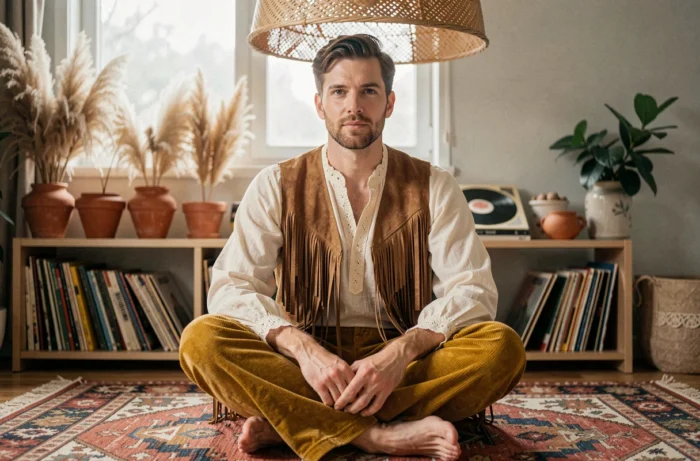 Homme en pantalon pattes d'éléphant et veste en daim à franges, look hippie chic des années 70 dans un appartement bohème décoré