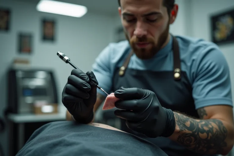 Tatoueur professionnel préparant le matériel pour un tatouage intérieur de lèvre dans un studio moderne et hygiénique