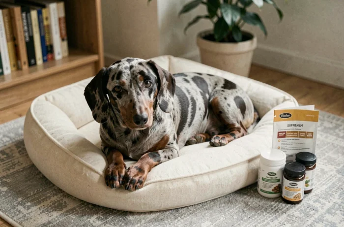 Teckel arlequin à poil ras allongé sur son coussin entouré de compléments alimentaires et d'un guide nutritionnel pour chiens
