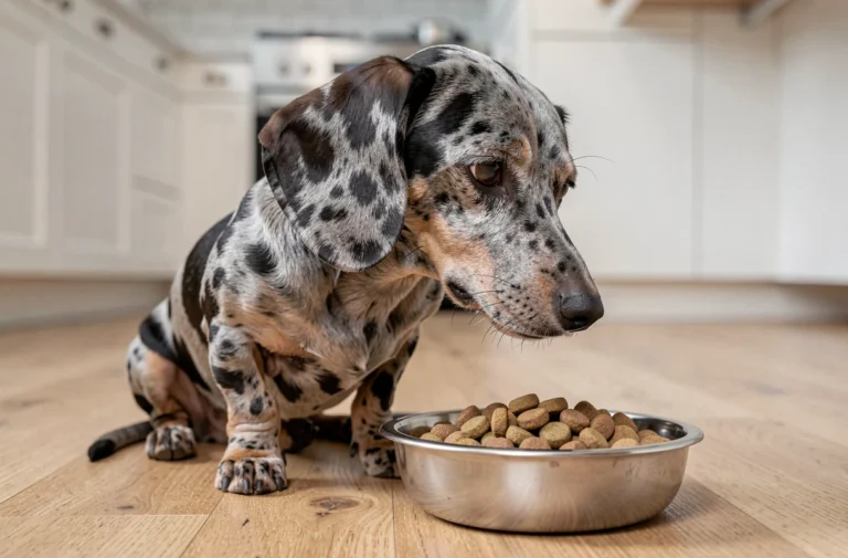 Teckel à poil ras arlequin assis devant sa gamelle de croquettes sur un parquet en bois clair dans une cuisine moderne