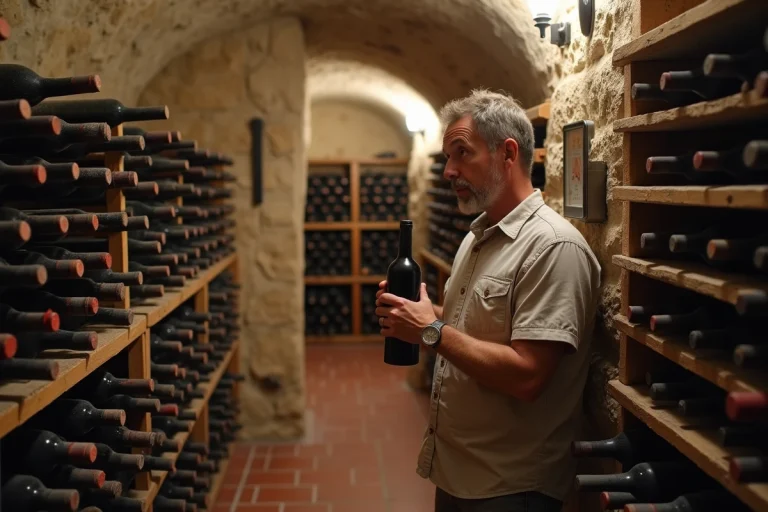 Homme examinant une bouteille de vin rouge dans une cave en pierre avec thermomètre indiquant la température idéale de conservation