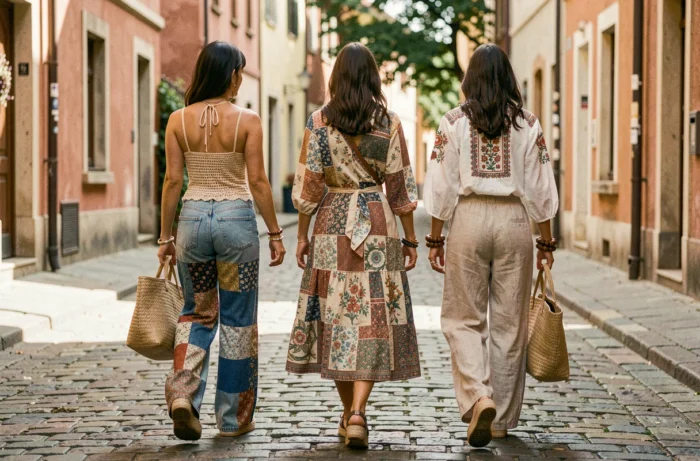 Trois femmes marchant dans une rue pavée européenne habillées en tenues hippie années 70 revisitées — flares patchwork, jupe prairie et pantalon lin brodé