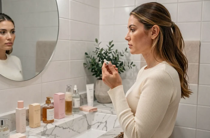 Femme appliquant un sérum de beauté devant un miroir dans une salle de bain moderne au style parisien élégant