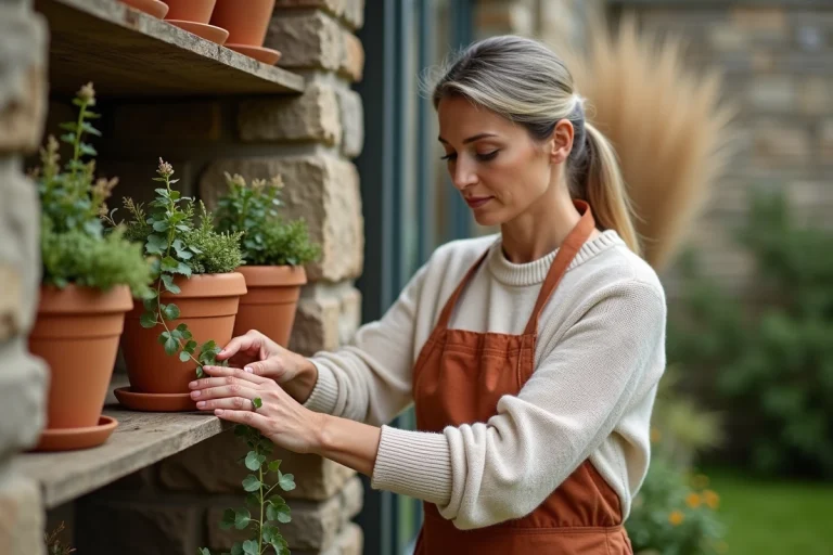 Femme arrangeant des pots en terracotta et herbes de pampa sur une étagère en bois dans un jardin tendance 2024