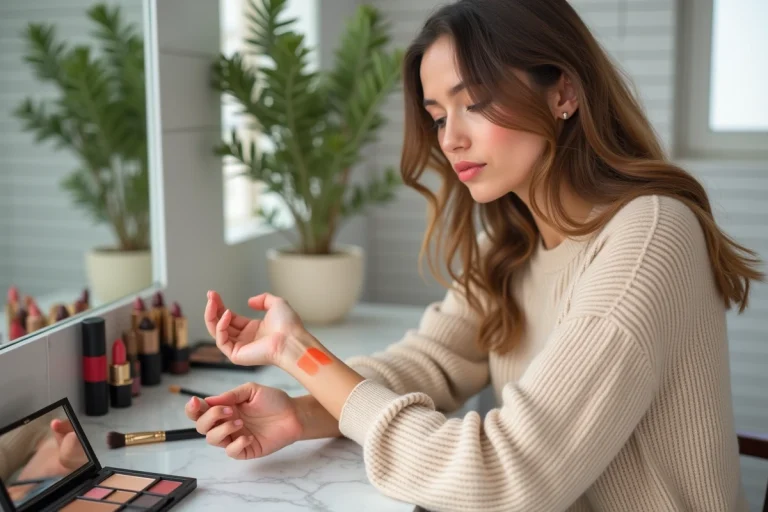 Jeune femme testant des produits de maquillage tendance sur une coiffeuse en marbre avec palettes et pinceaux