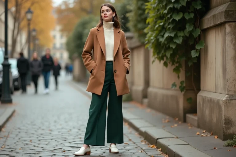 Femme portant un blazer camel oversize et un pantalon large vert forêt dans une rue pavée parisienne, tendances mode automne