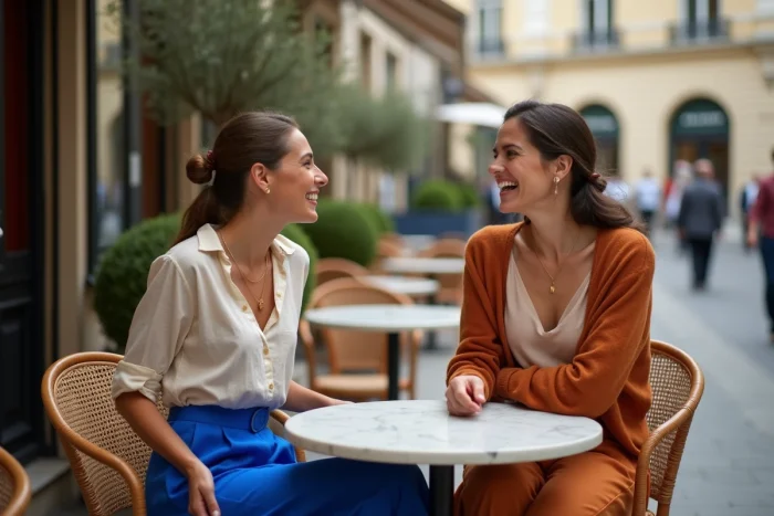 Deux femmes élégantes aux tenues colorées tendance assises à une terrasse de café parisien, mode féminine saison actuelle