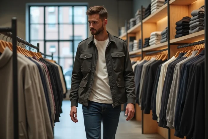 Homme en veste utilitaire charbon et jean indigo dans un concept store moderne, look tendance masculin de saison