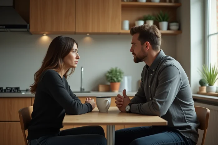 A man and a woman engaged in a serious conversation at a kitchen table, testing the quality of the dialogue on difficult topics