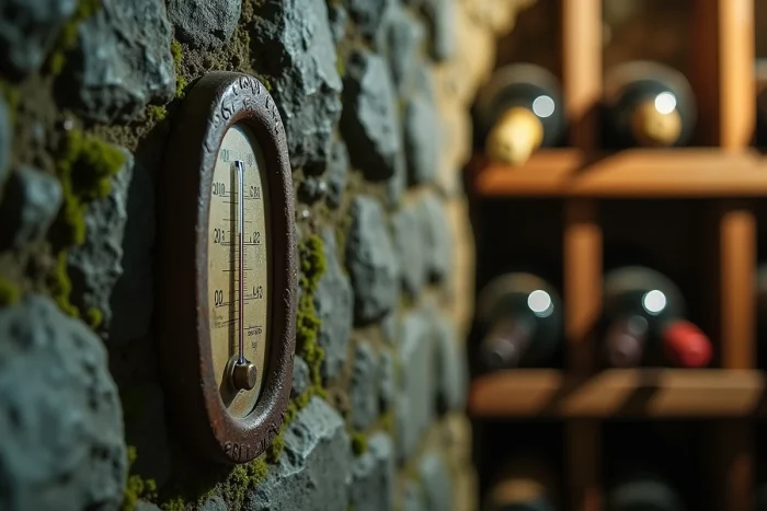 Gros plan d'un thermomètre vintage sur mur en pierre de cave à vin indiquant la température idéale de conservation entre 12 et 14 degrés