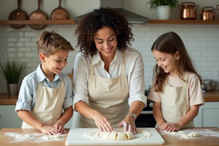 Mère et jeunes adultes préparant ensemble une recette de pâtisserie traditionnelle dans une cuisine familiale, transmettant savoir-faire et valeurs culinaires