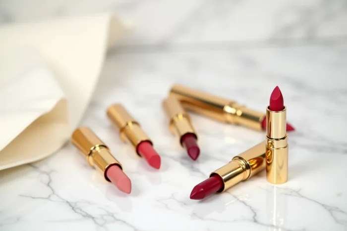 Tubes de rouge à lèvres de luxe aux teintes variées disposés sur marbre blanc, mettant en valeur les finitions et pigments de marques cultes