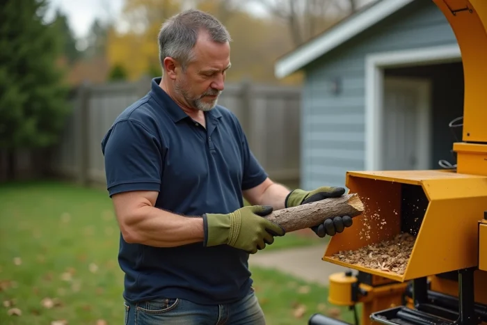 Homme utilisant le broyeur électrique Denqbar 5100W pour déchiqueter des branches dans un jardin
