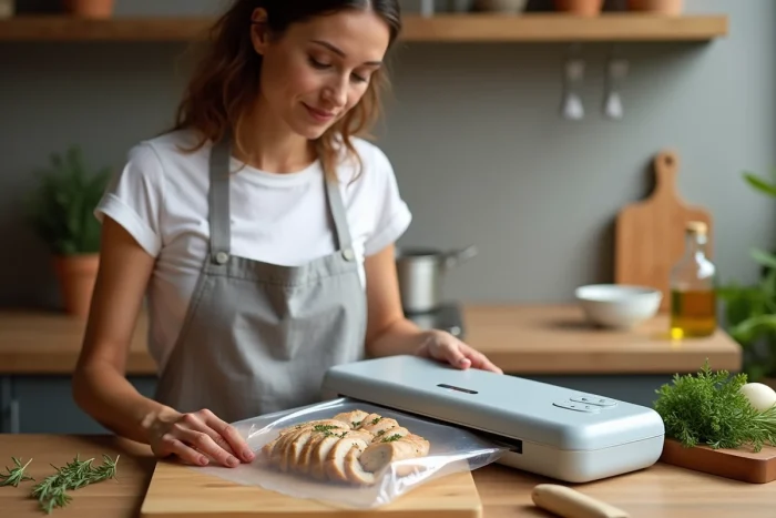 Femme utilisant la machine sous vide Magic Vac Maxima 2 pour emballer du poulet cuit dans une cuisine familiale