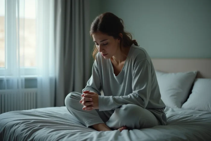 A woman sitting on the edge of her bed in a posture of guilt, illustrating the impact of remorse on romantic decision-making